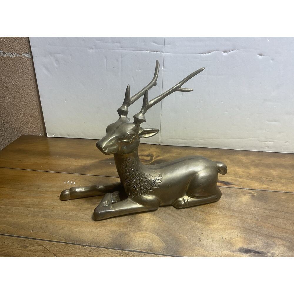 Vintage Solid Brass Stag Deer Sculpture Reclining Large Figurine 12in
